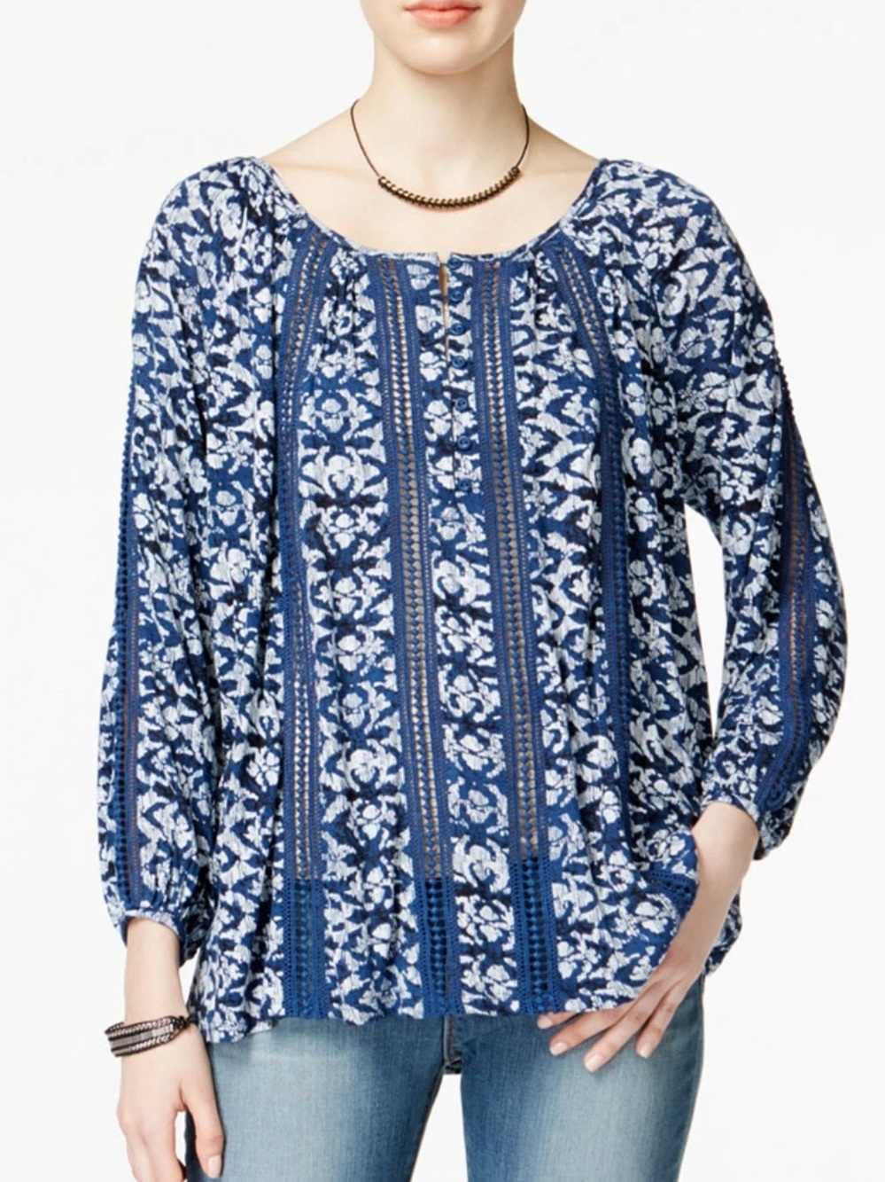 NWT Lucky Brand Knit & Lace Peasant Top Indigo Blue Geometric Boho Blouse L